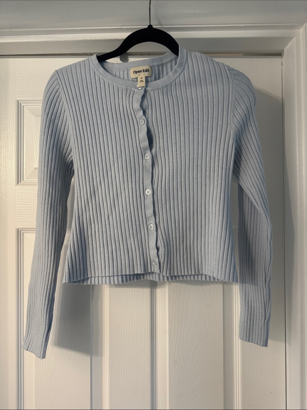 Open Edit (Nordstrom) Light Blue Ribbed Button-Up Sweater
